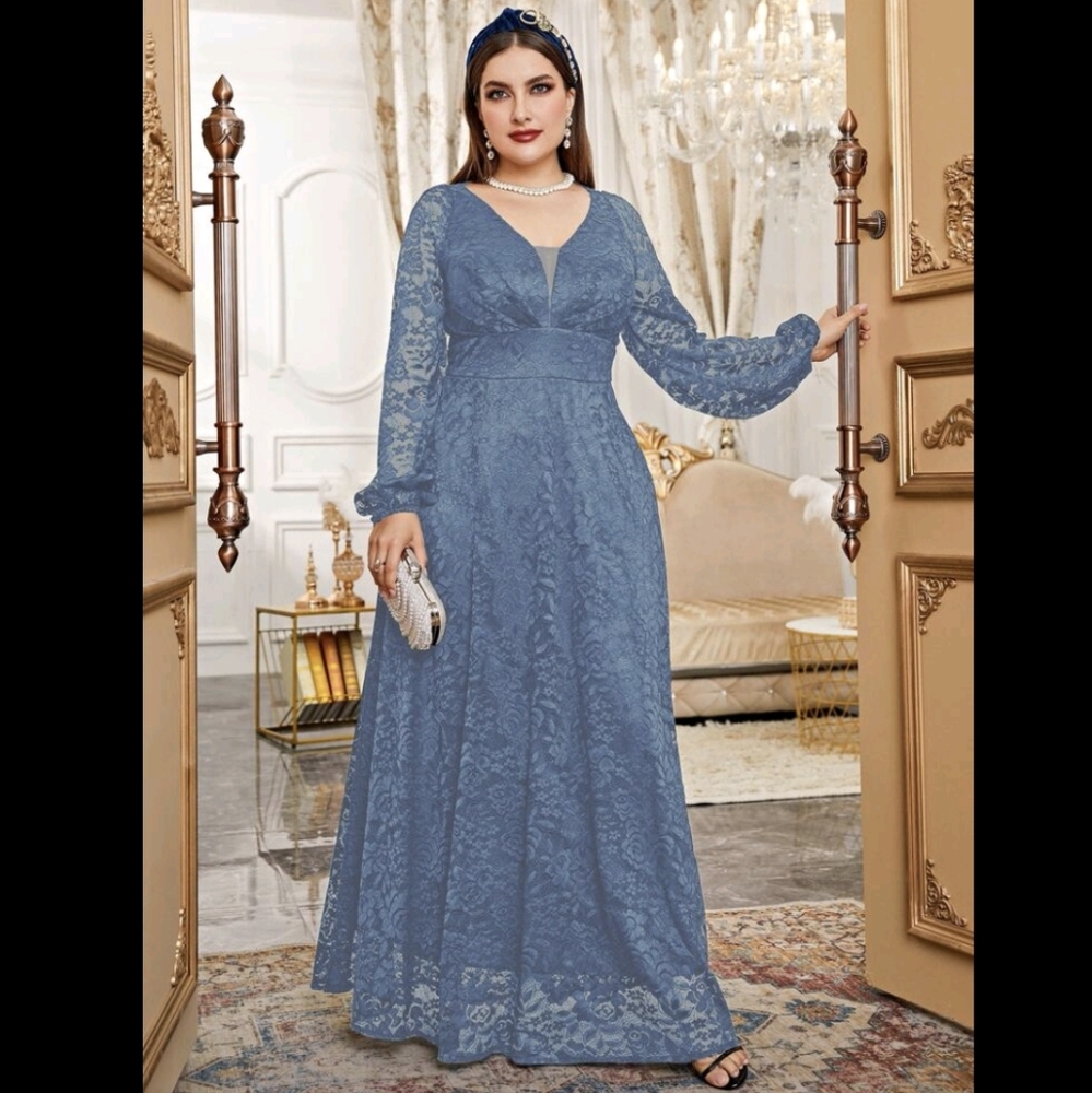 SHEIN Blue Maxi Gown with Long Bishop Sleeves and V-Neck